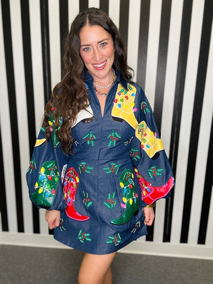 QOS Denim Multi Christmas Cowboy Boot Zip Up Dress