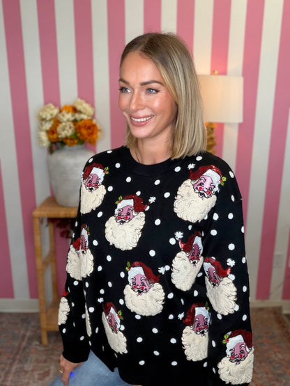 QOS Black & White Polka Dot Scattered Santa Sweater