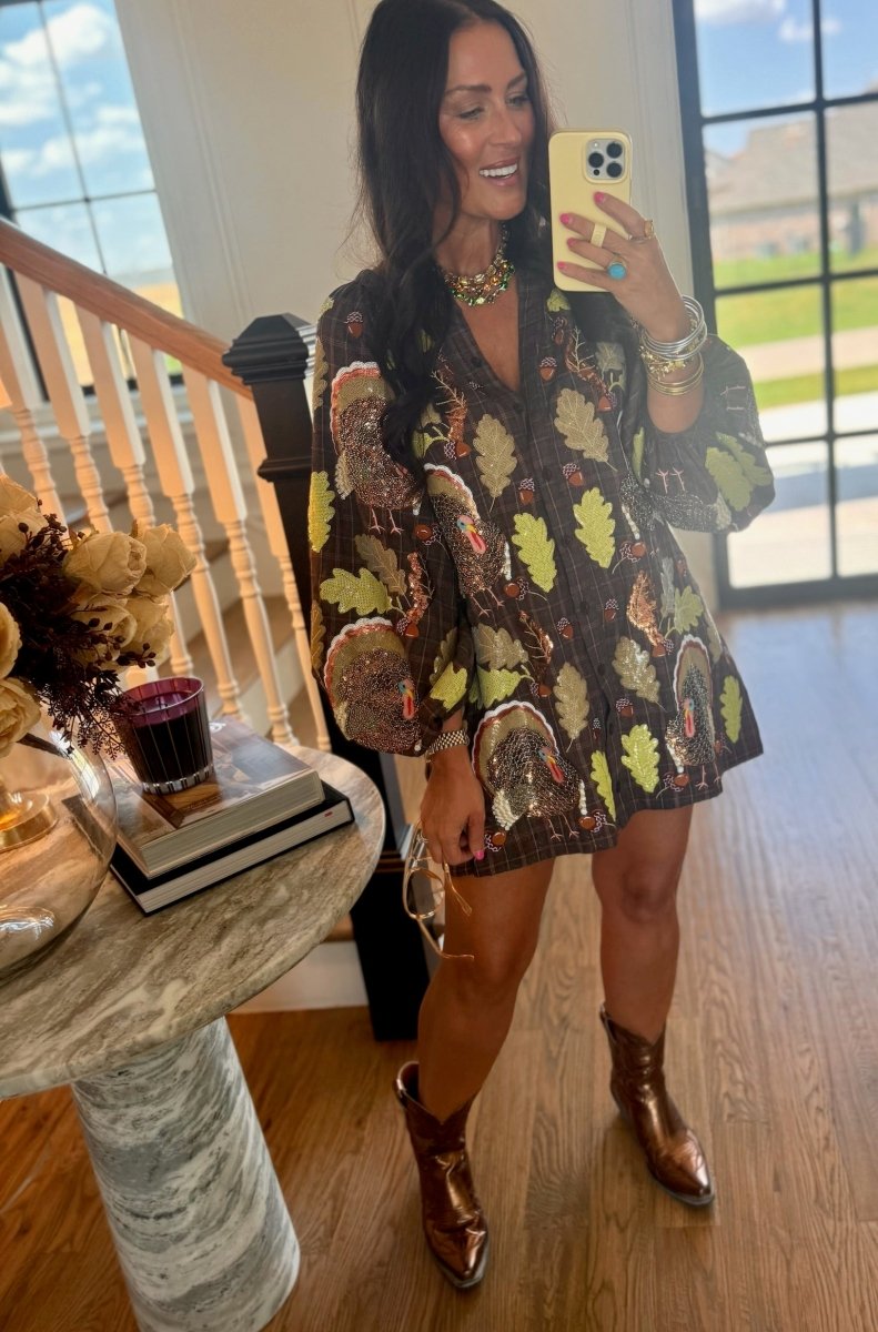 QOS Brown Plaid Turkey & Leaves Button Up Long Sleeve Dress