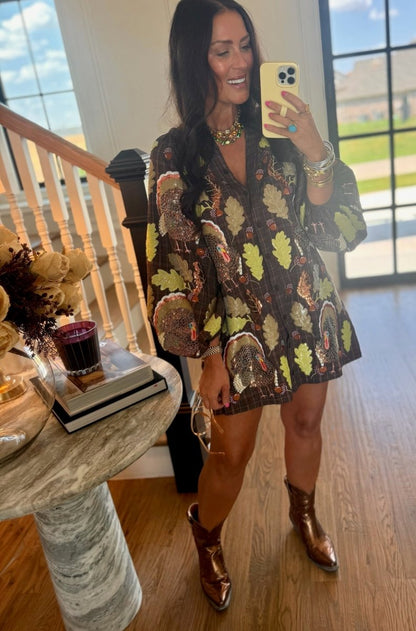 QOS Brown Plaid Turkey & Leaves Button Up Long Sleeve Dress