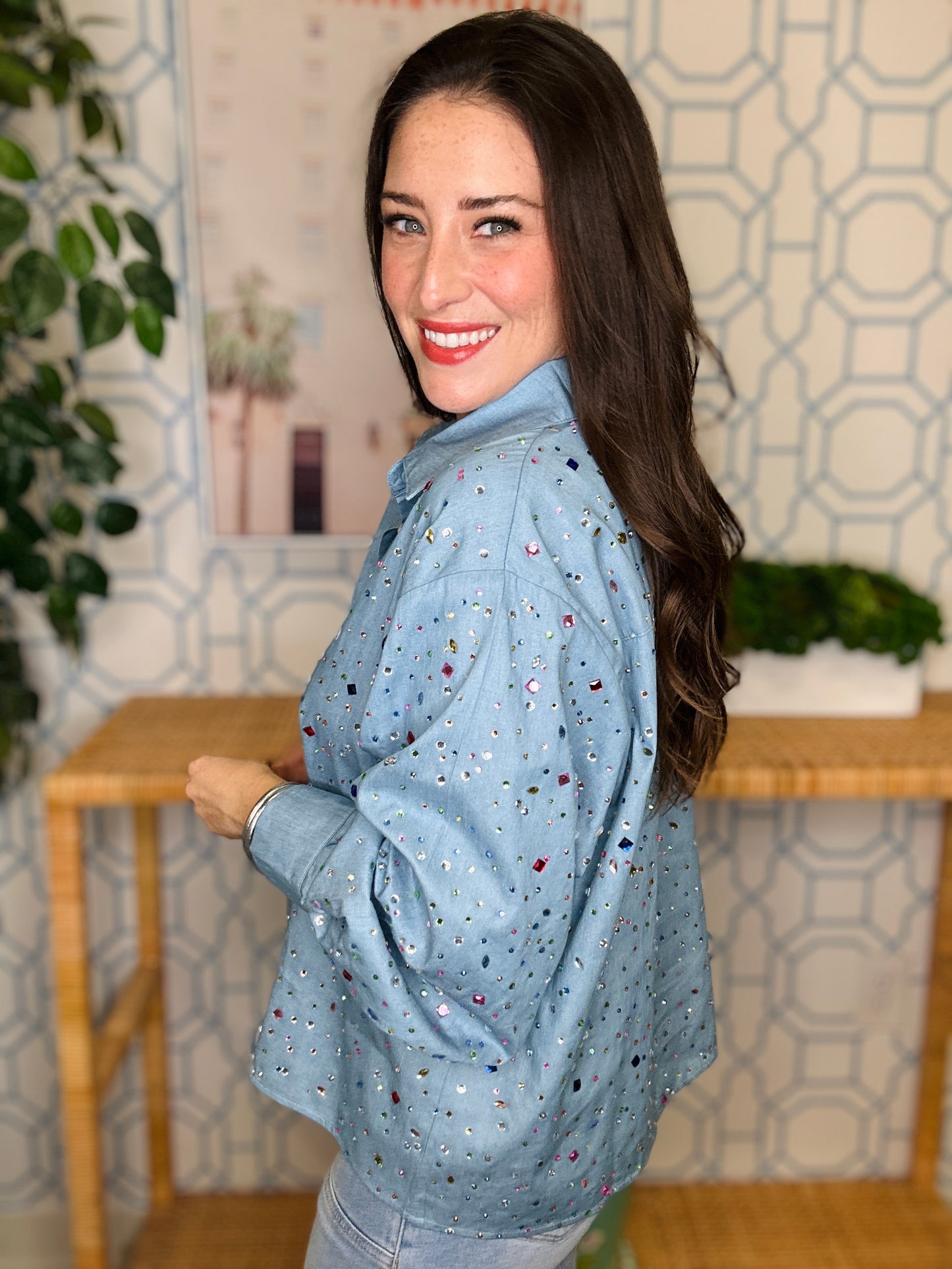 QOS Chambray Multi Rhinestone Button Up