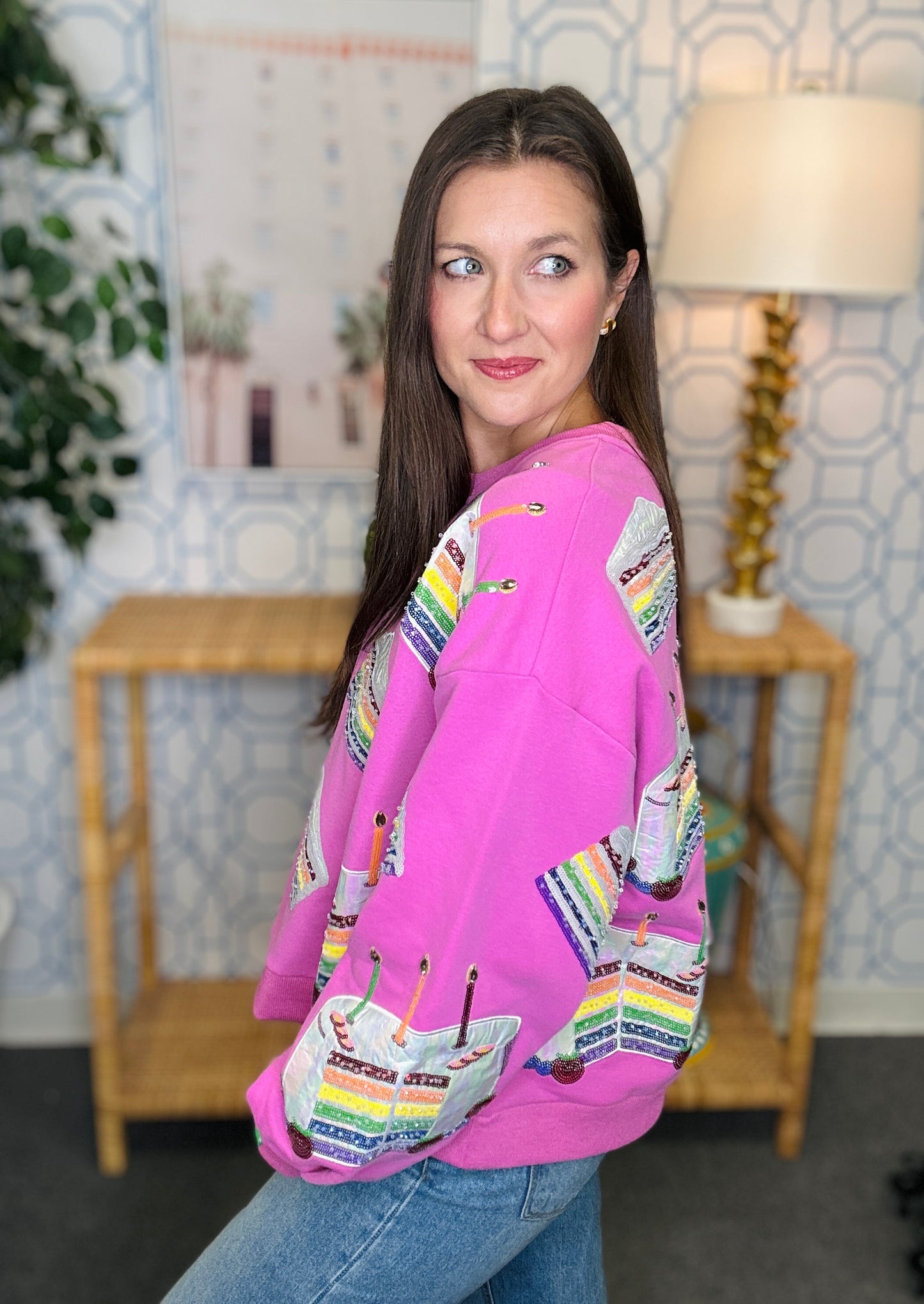 QOS Hot Pink Birthday Cake Sweatshirt