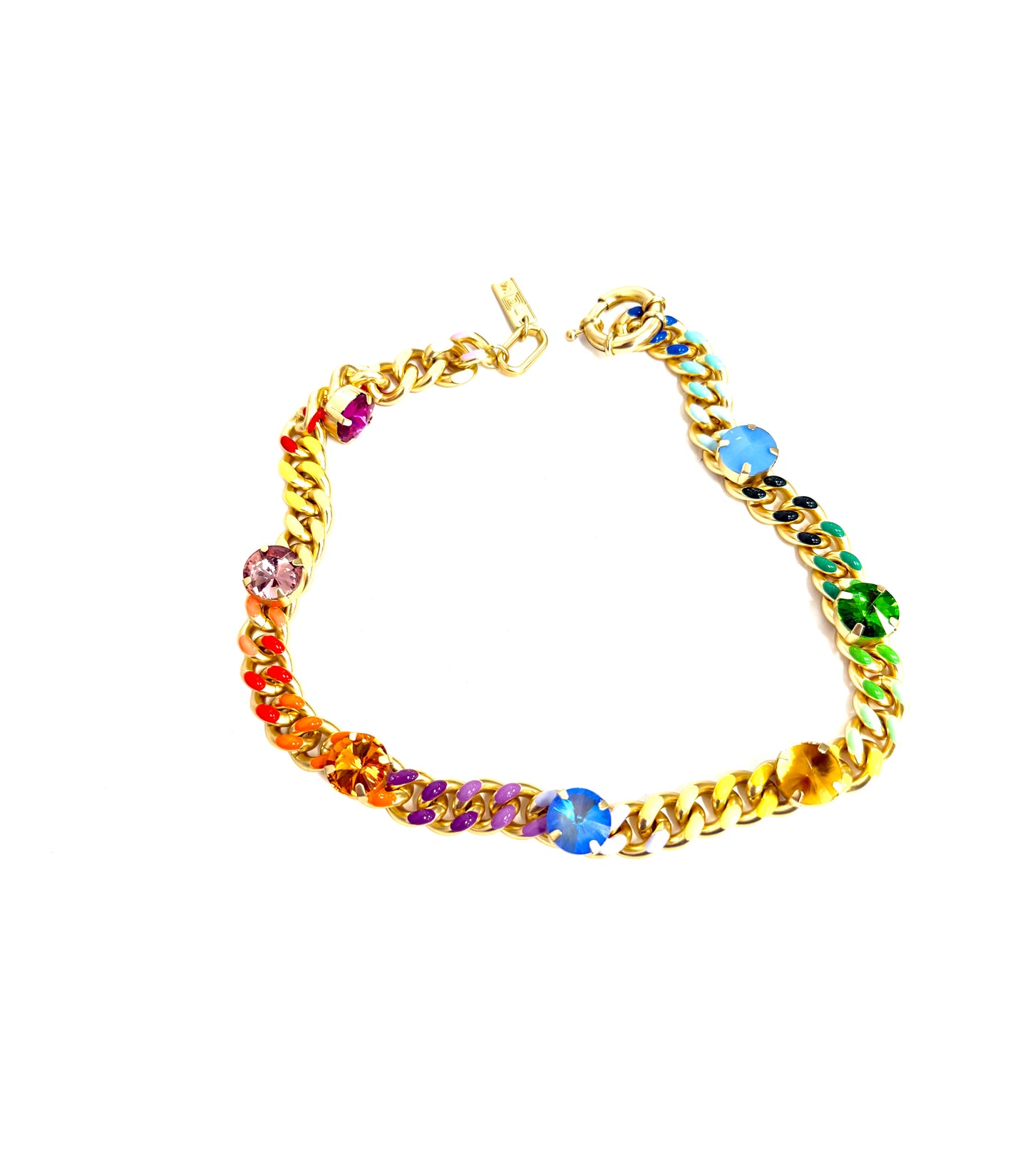 Gold bracelet with colorful gemstones on a white background