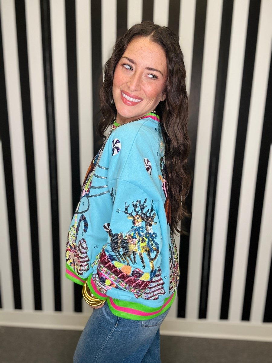 QOS Aqua Vintage Santa Gingerbread House Sweatshirt