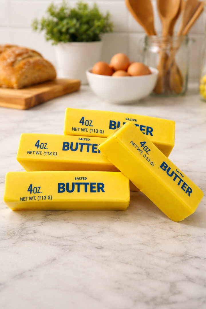 Four yellow butter containers on a kitchen counter with bread and eggs in the background.