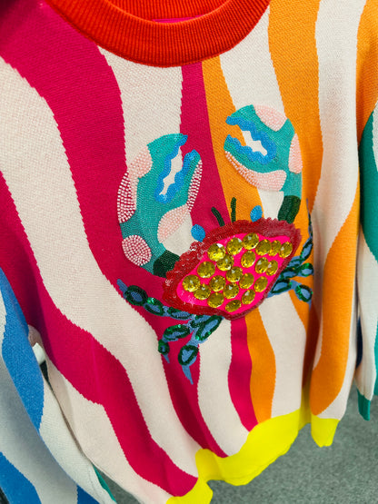 QOS Multi Colorblock Stripe Crab Knit Sweater