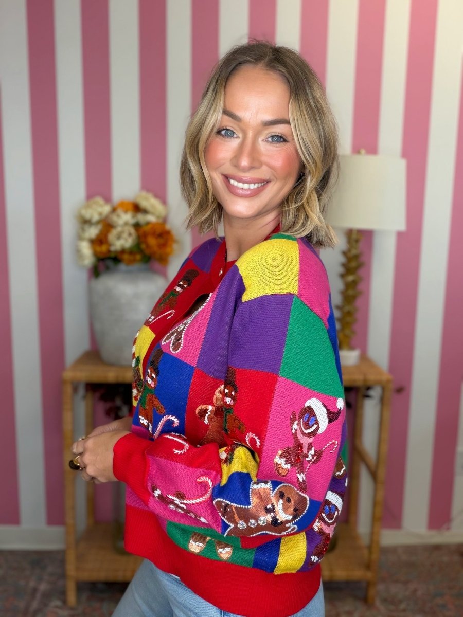 QOS Rainbow Colorblock Gingerbread Man Button Up Cardigan