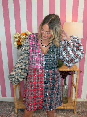 QOS Clear Sequin Multi Colorblock Plaid Dress