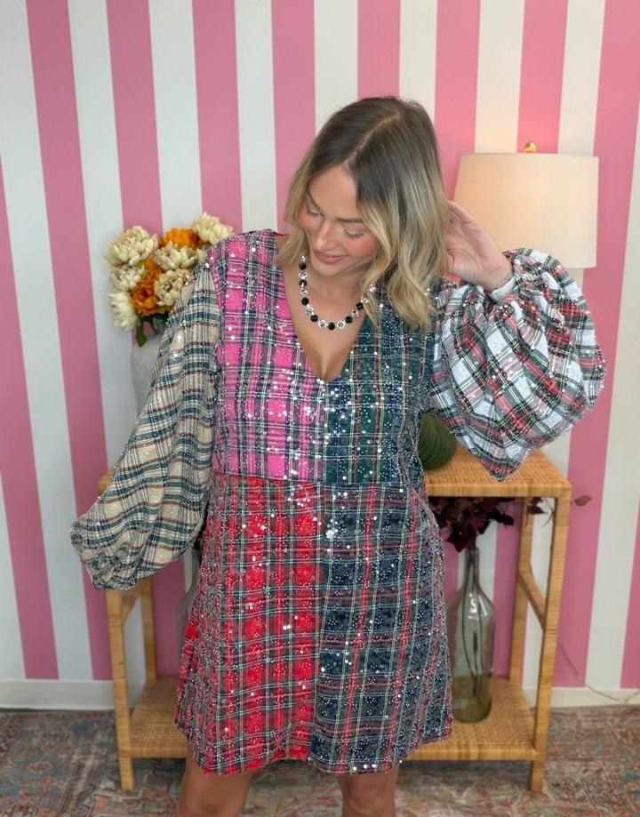 QOS Clear Sequin Multi Colorblock Plaid Dress