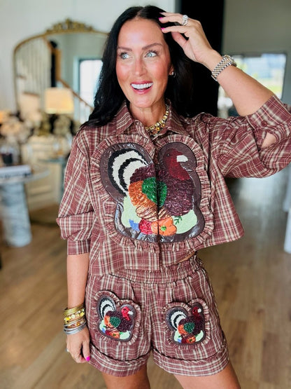 QOS Brown Plaid Turkey Ruffle Patch Pocket Shorts
