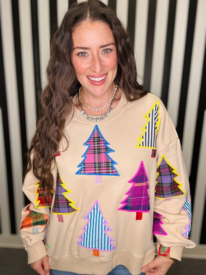 QOS Beige Multi Plaid & Stripe Christmas Tree Sweatshirt