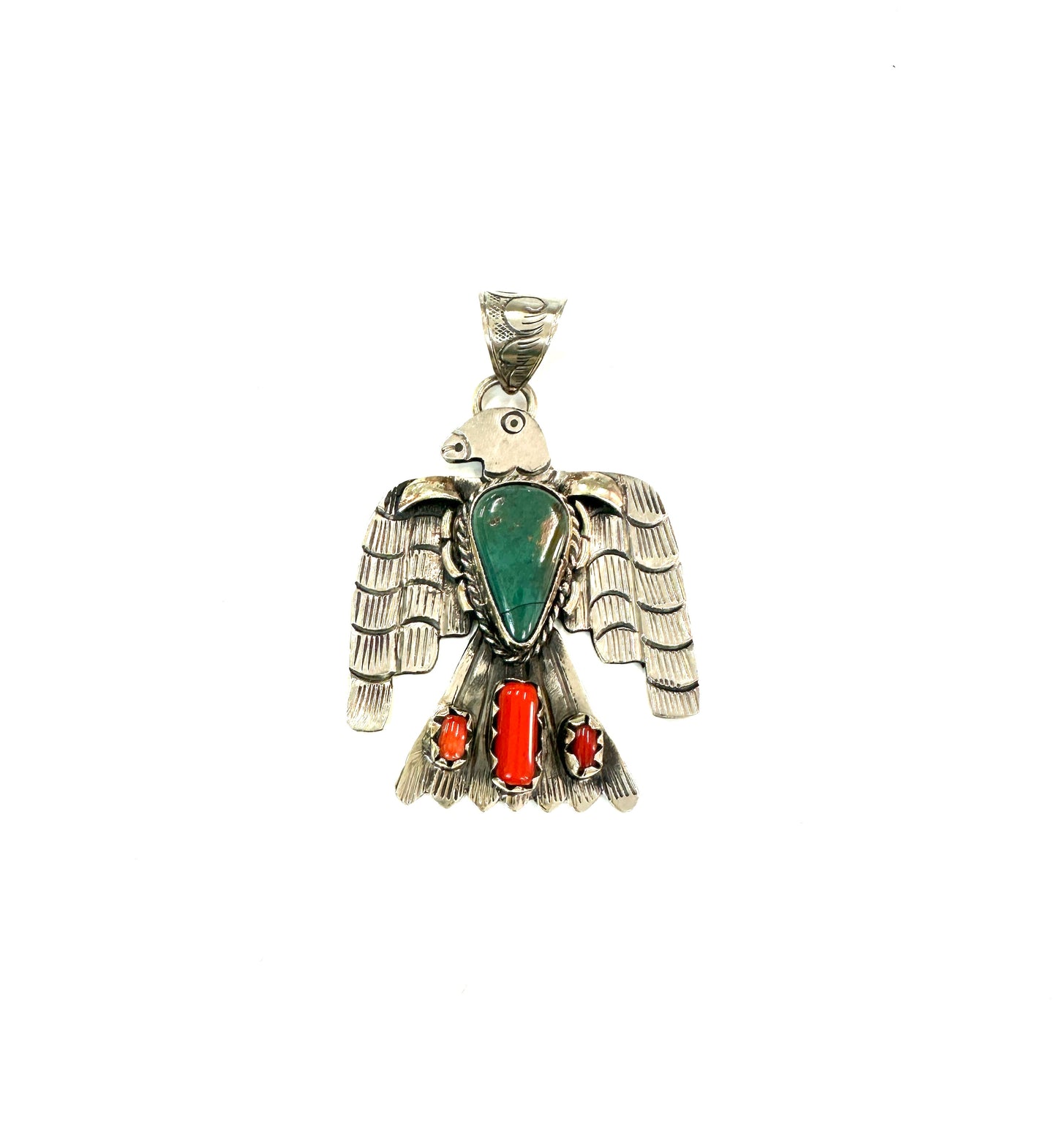 German Silver Pendant-Thunderbird w/Red #5