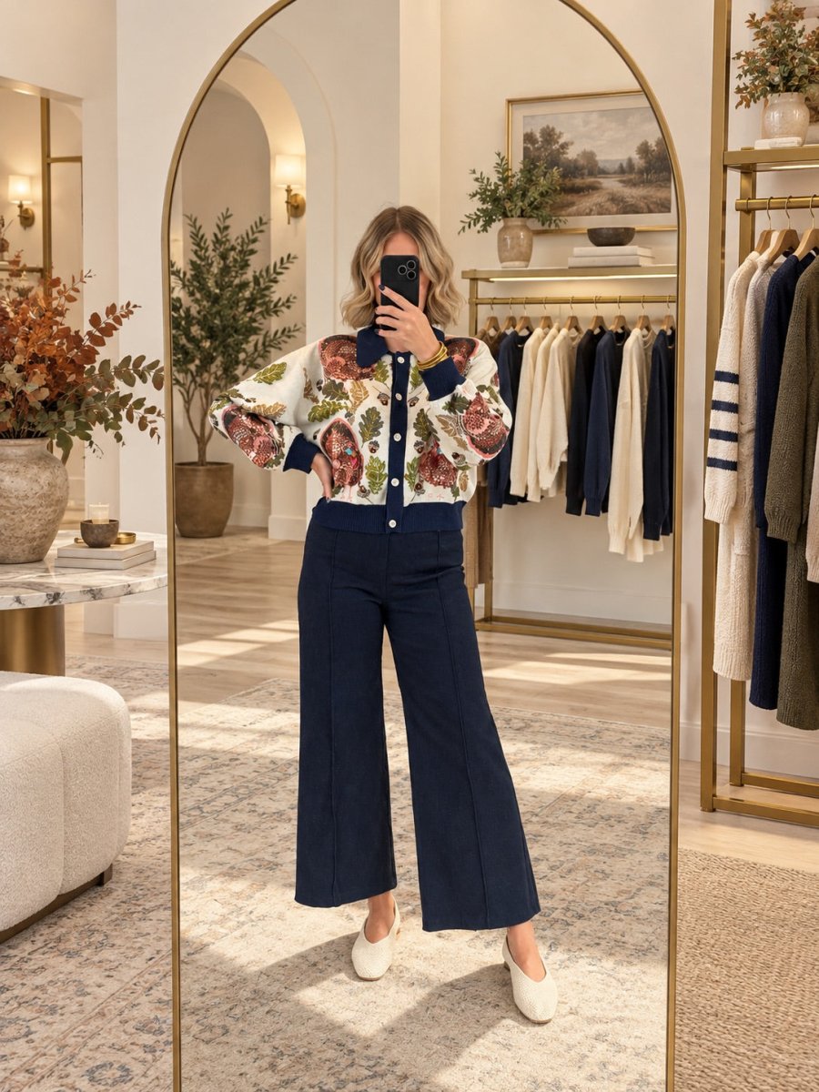 QOS Navy Trim Turkey, Leaf & Acorn Button Up Cardigan