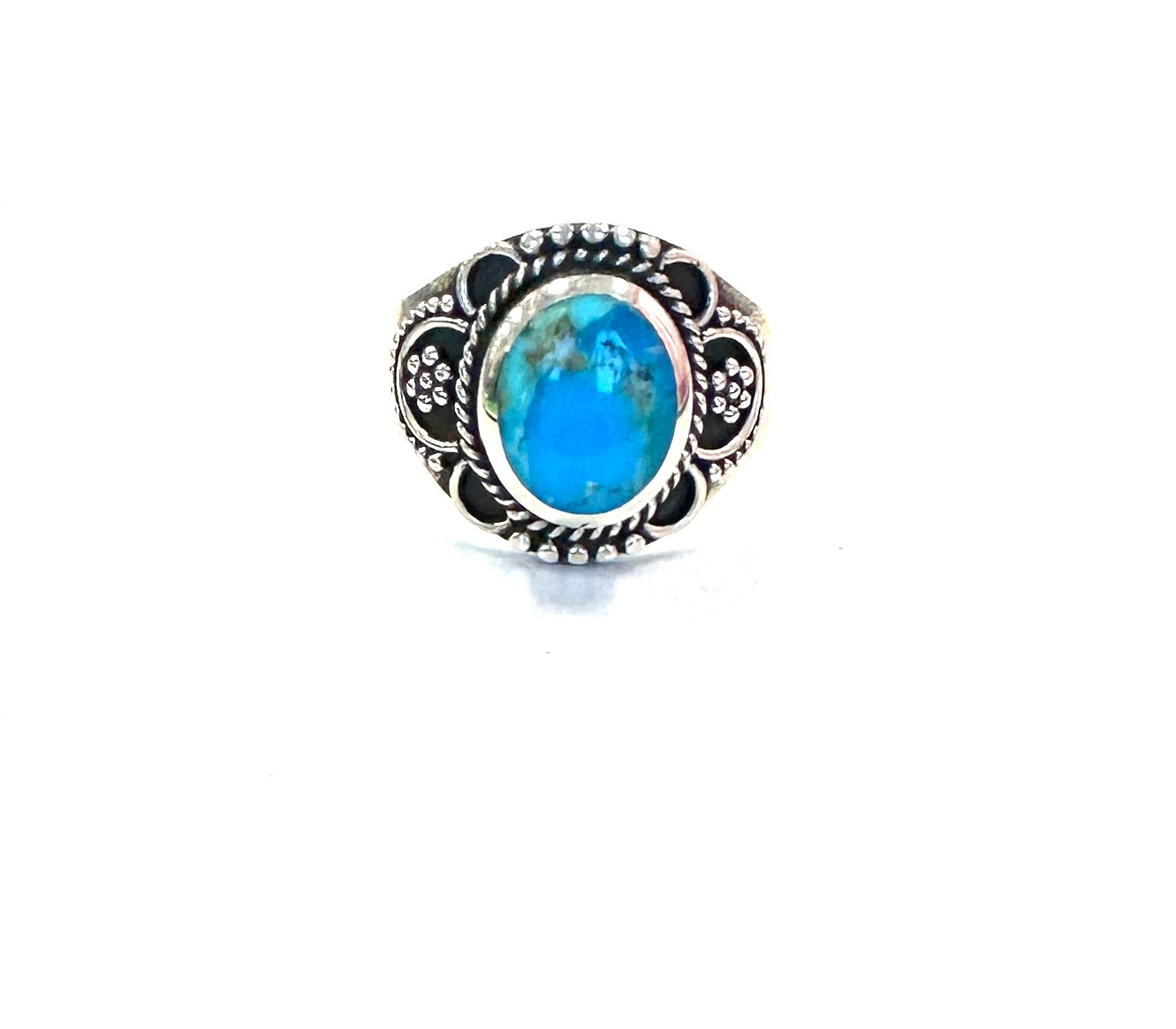 Sterling Ring-Lg Turq Oval Framed w/Flowers