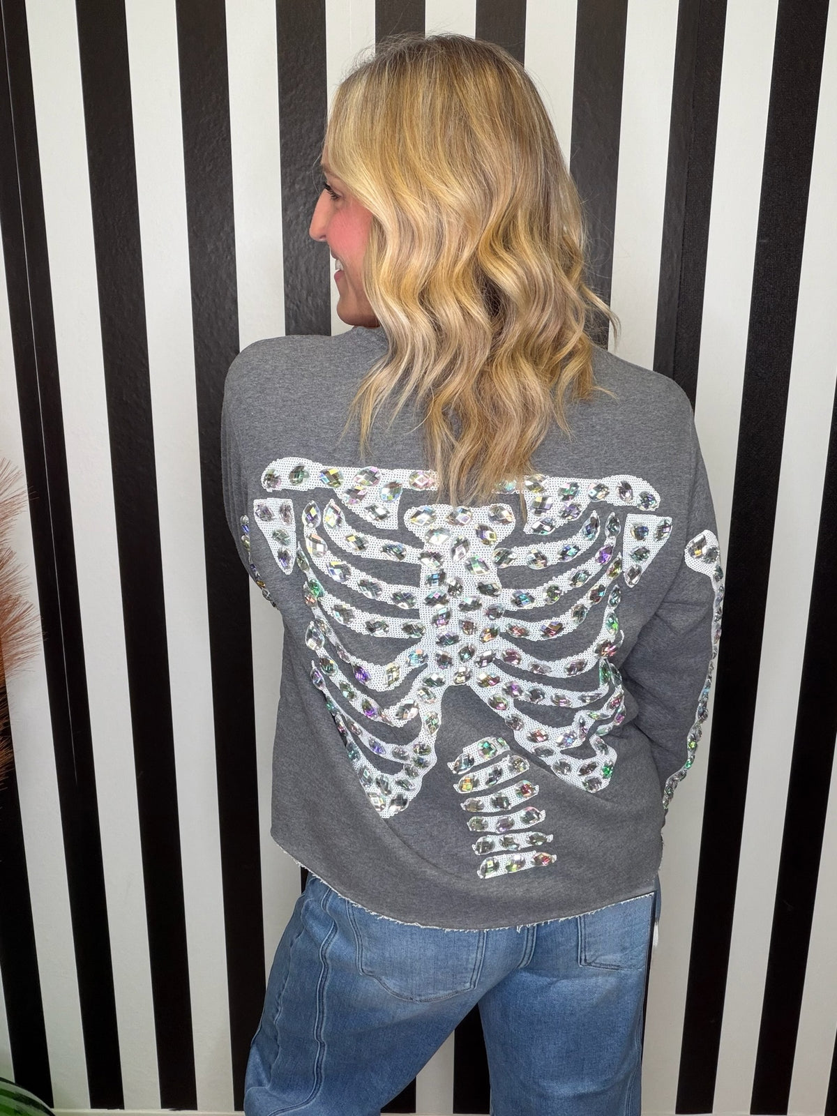 QOS Charcoal Iridescent Jeweled Skeleton Sweatshirt