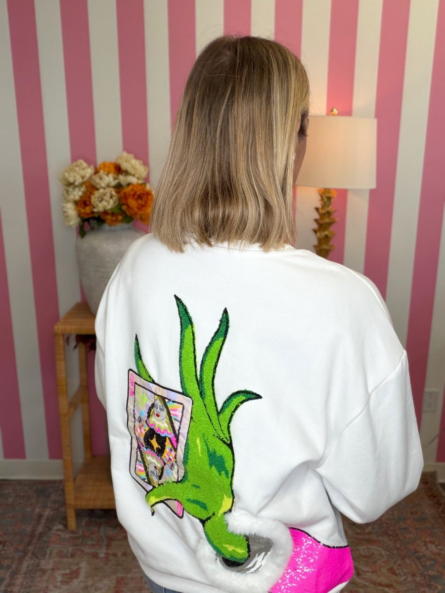 QOS White & Green Hand Holding Card Sweatshirt