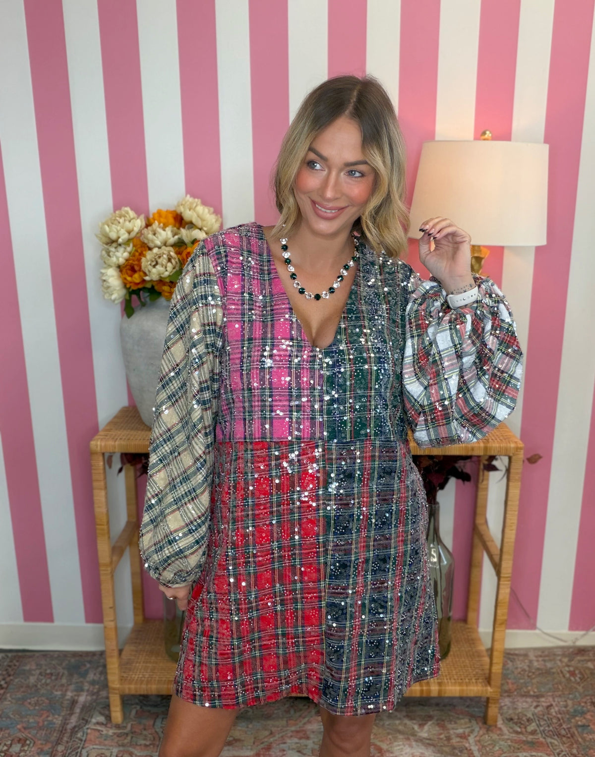 QOS Clear Sequin Multi Colorblock Plaid Dress