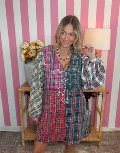QOS Clear Sequin Multi Colorblock Plaid Dress