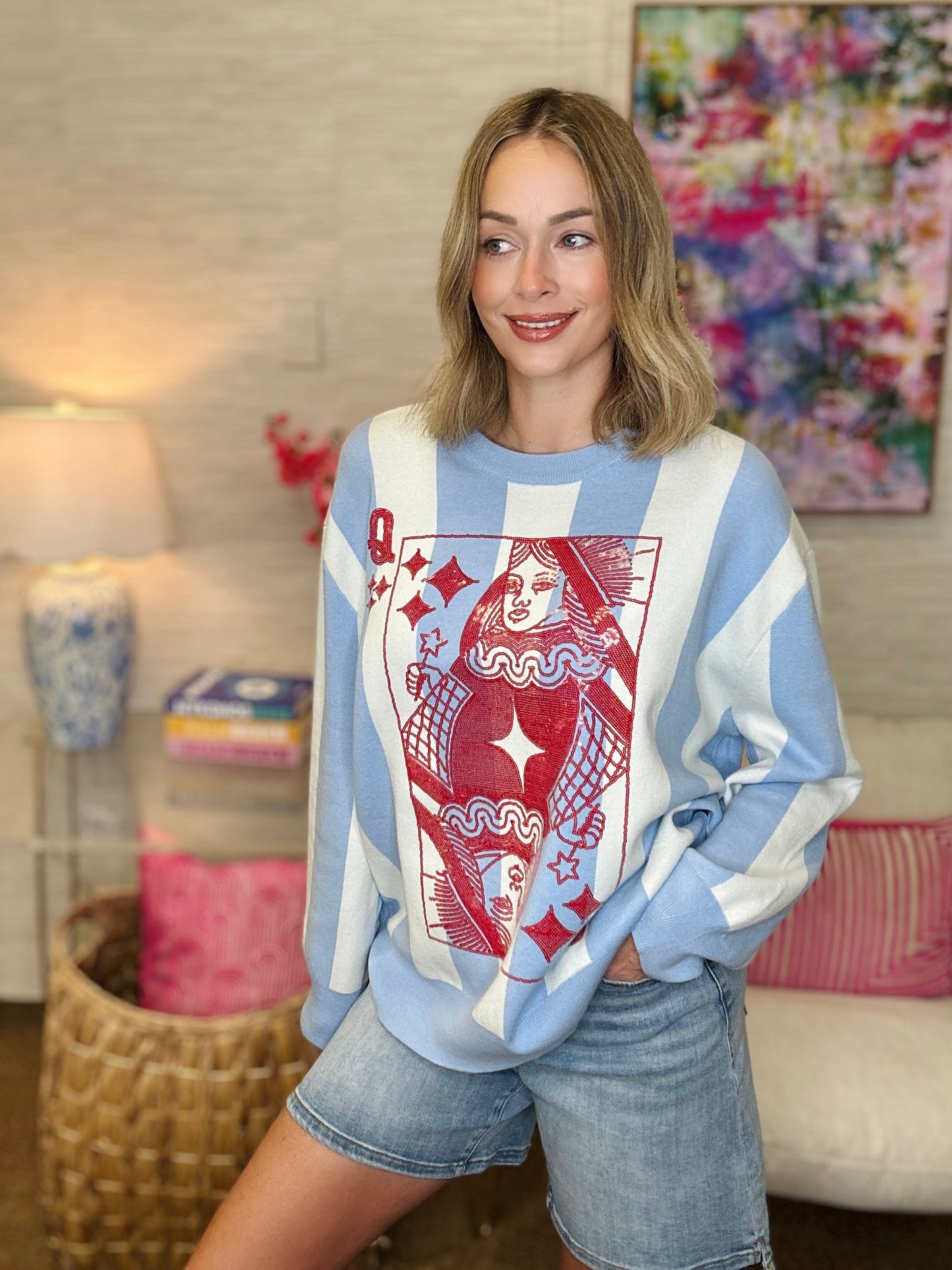 QOS Blue, White & Red Striped Card Logo Sweater