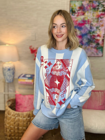 QOS Blue, White & Red Striped Card Logo Sweater