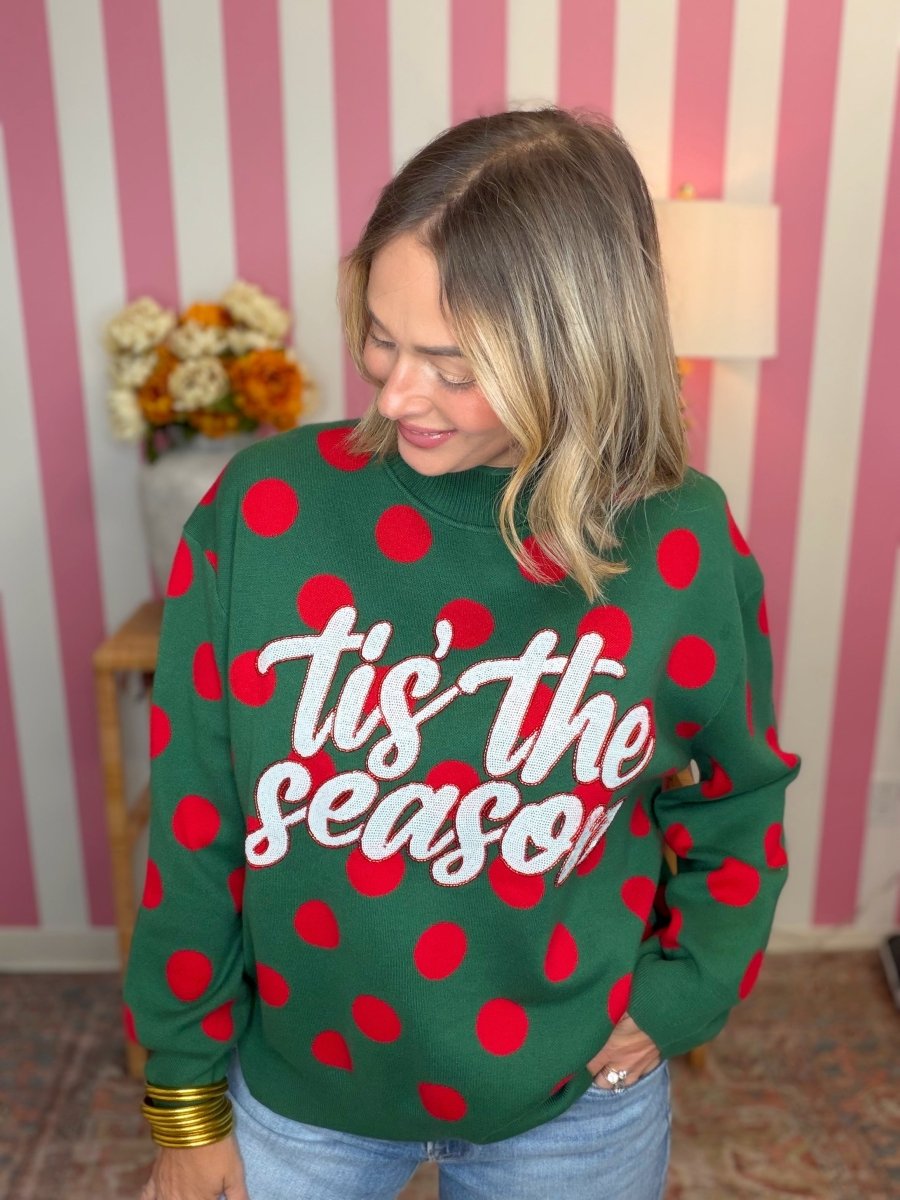 QOS Green & Red Polka Dot 'Tis the Season' Turtleneck Sweater