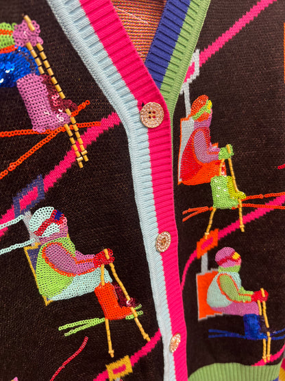 QOS Skier On Ski Lift Button Cardigan
