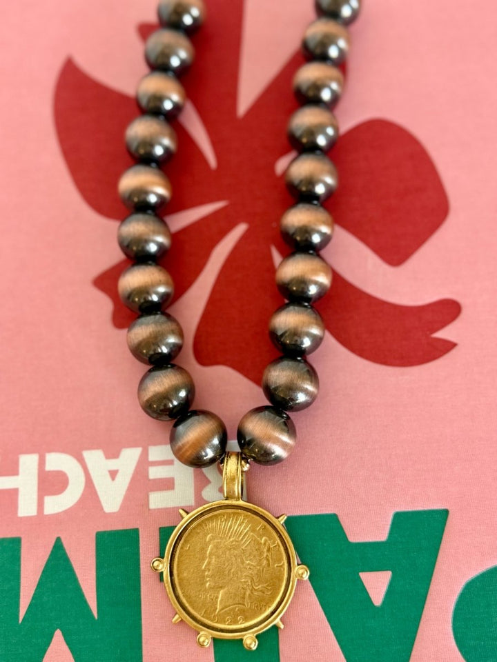 Yochi Brown Bead Necklace with Liberty Coin