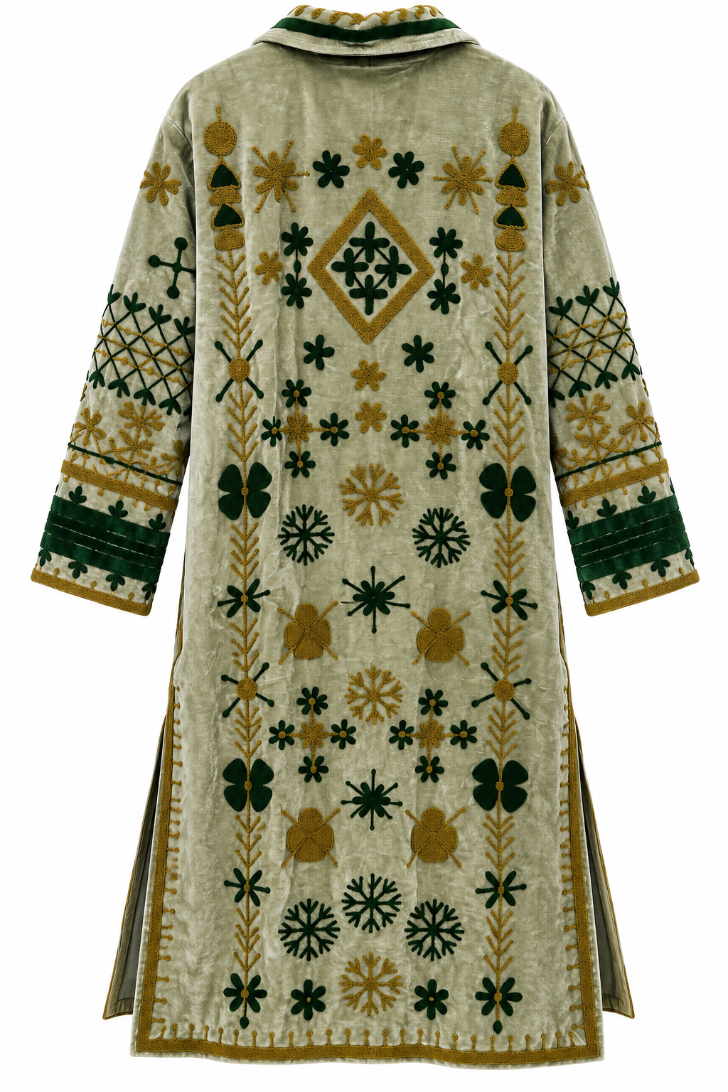A long cream-colored velvet robe decorated with intricate green and gold embroidered patterns, including floral motifs, geometric borders, and vertical vine designs.