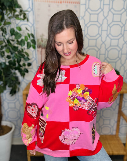 QOS Red & Pink Checkered Valentines Icon Sweatshirt