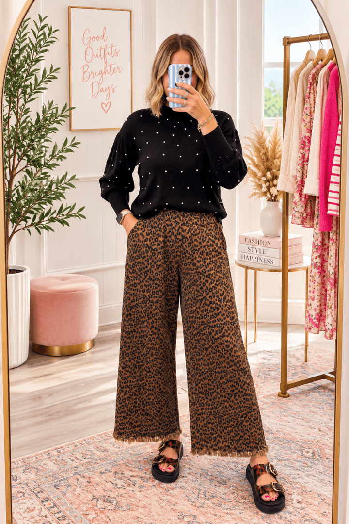 A woman takes a mirror selfie in a boutique setting, wearing a black long-sleeve top with white polka dots and brown leopard-print wide-leg pants with a fringe hem.