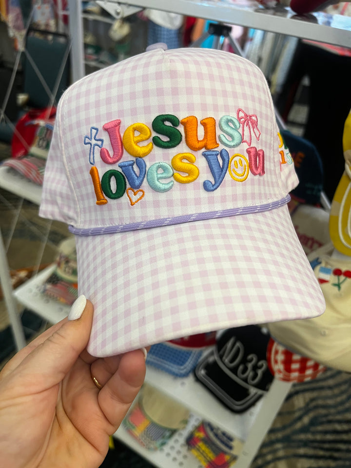Purple Checker Jesus Loves You Hat