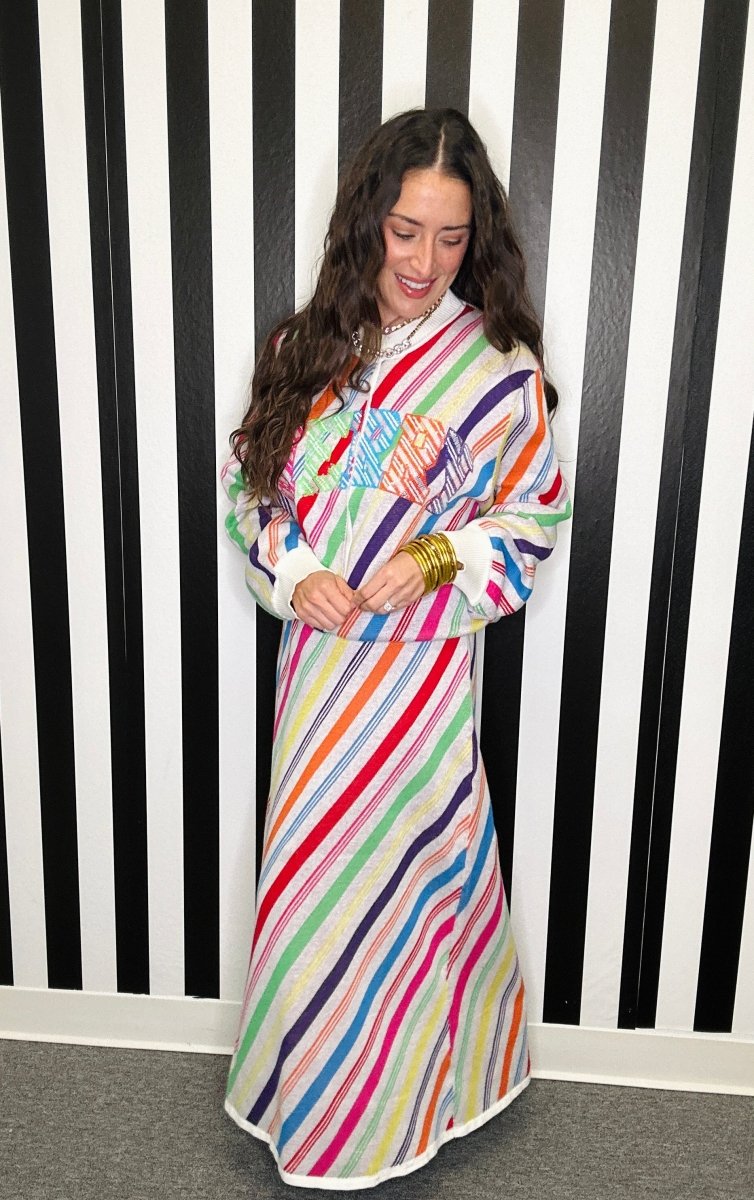QOS Rainbow Striped Knit Midi Skirt