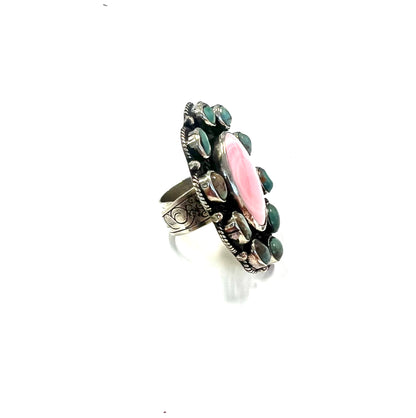 German Silver Turquoise Pink Oval Ring