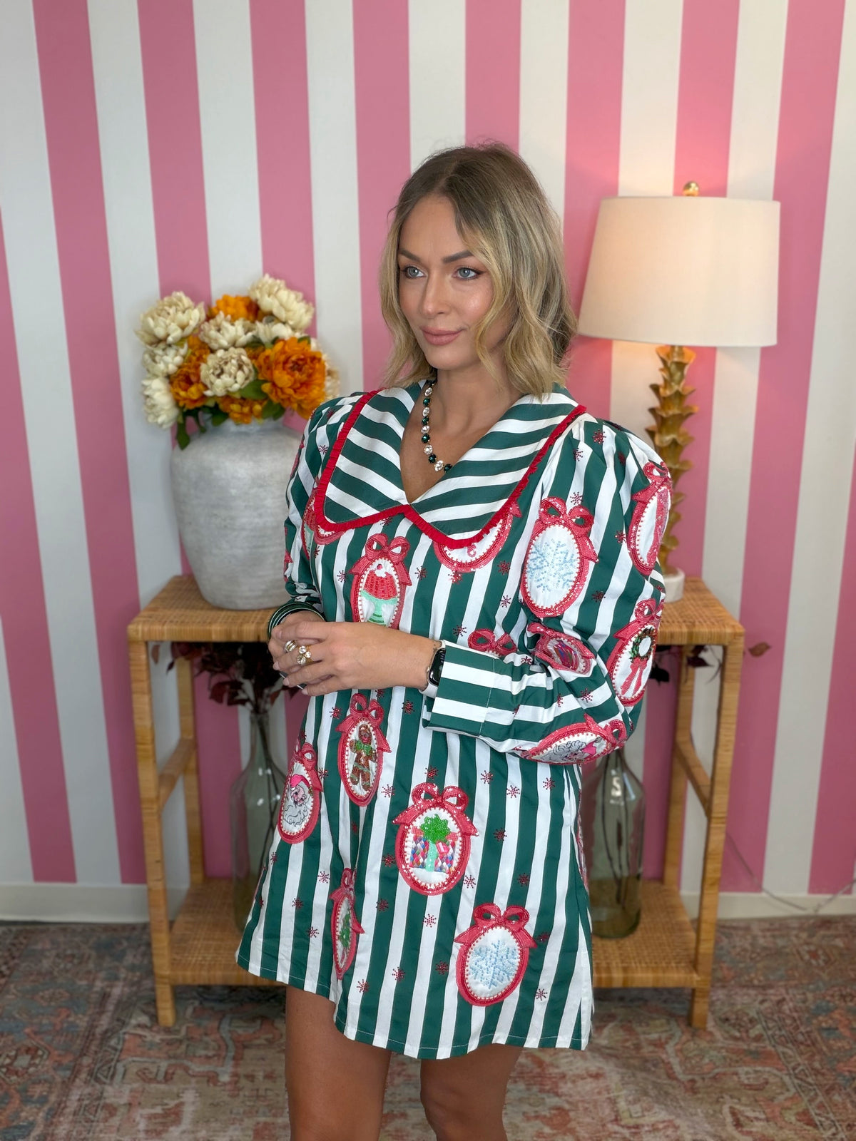 QOS Green Striped Christmas Wallpaper Collar Cotton Dress