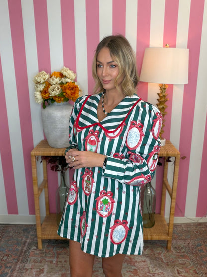 QOS Green Striped Christmas Wallpaper Collar Cotton Dress