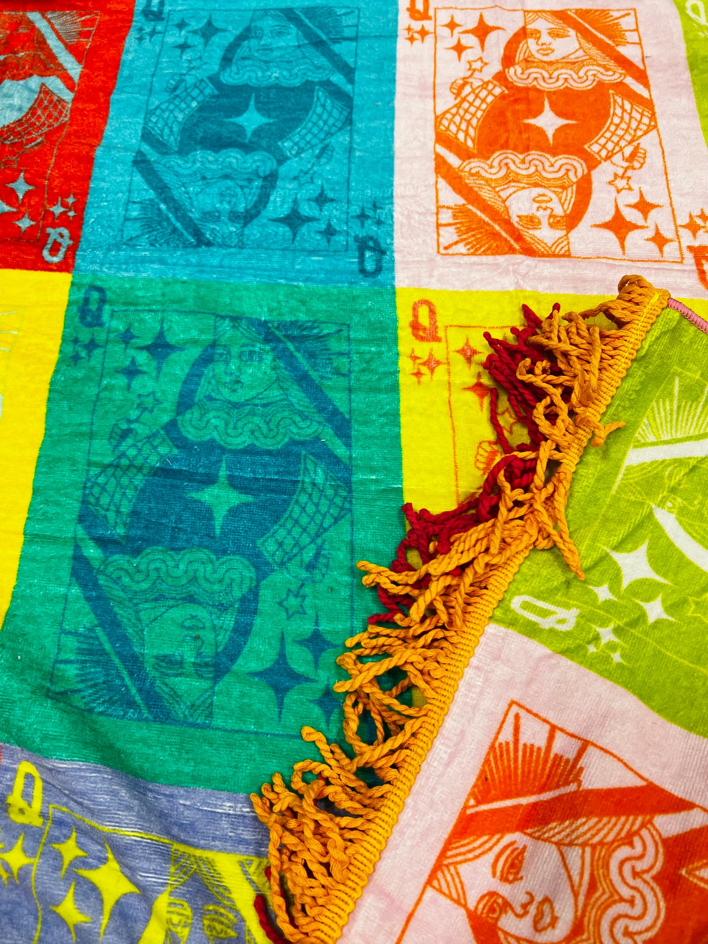 QOS Multi Colorblock Card Logo Fringe Beach Towel