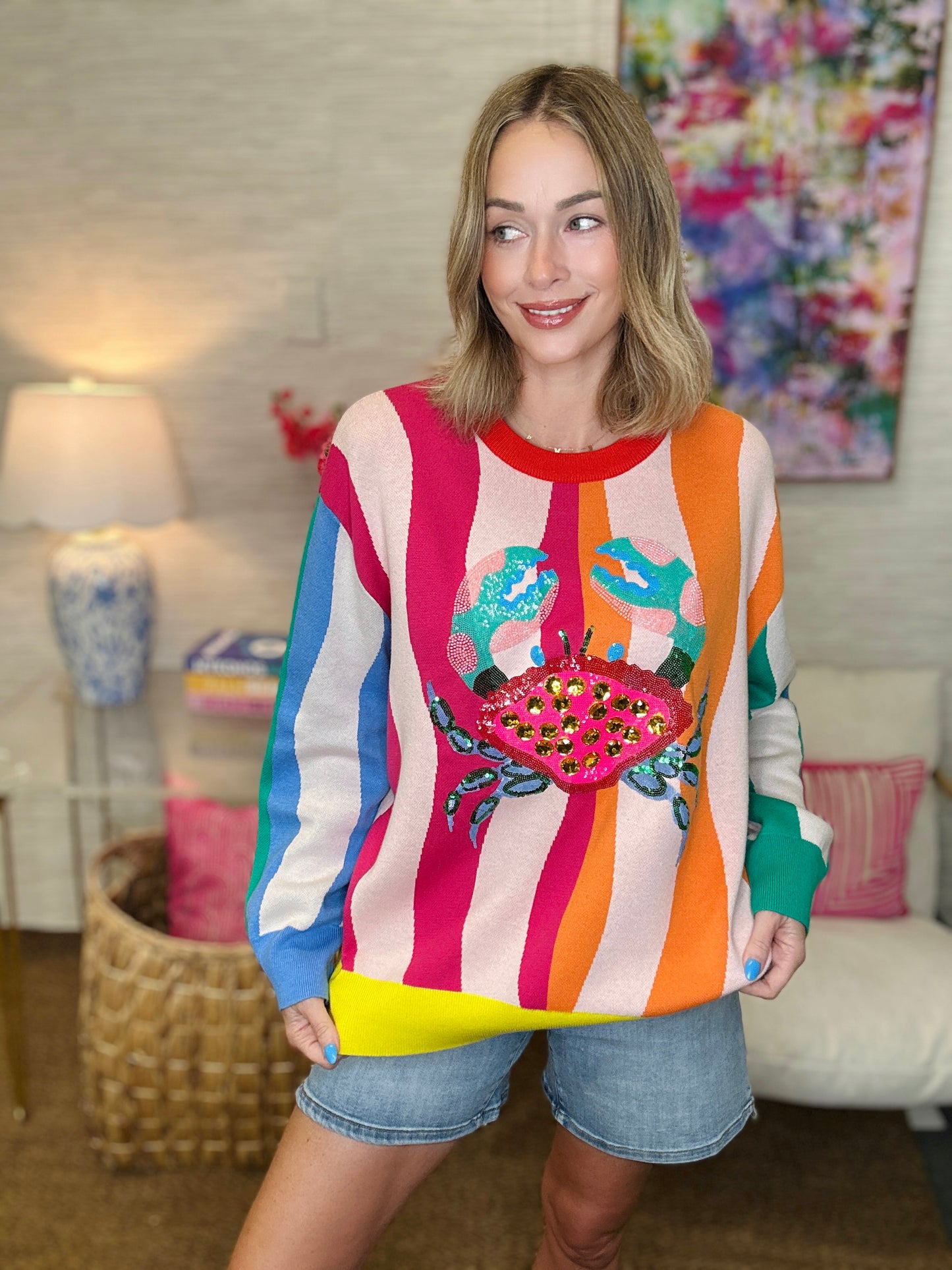 QOS Multi Colorblock Stripe Crab Knit Sweater