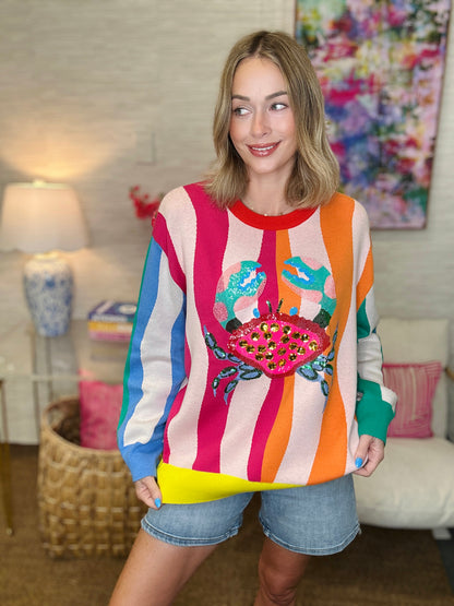 QOS Multi Colorblock Stripe Crab Knit Sweater