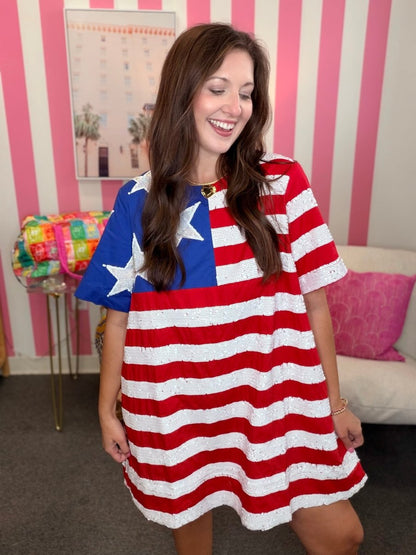 QOS American Flag Short Sleeve Cotton Dress