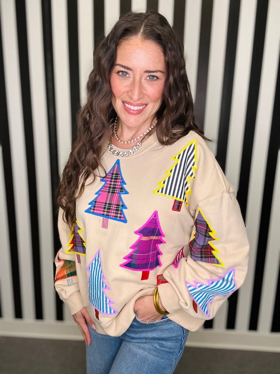 QOS Beige Multi Plaid & Stripe Christmas Tree Sweatshirt