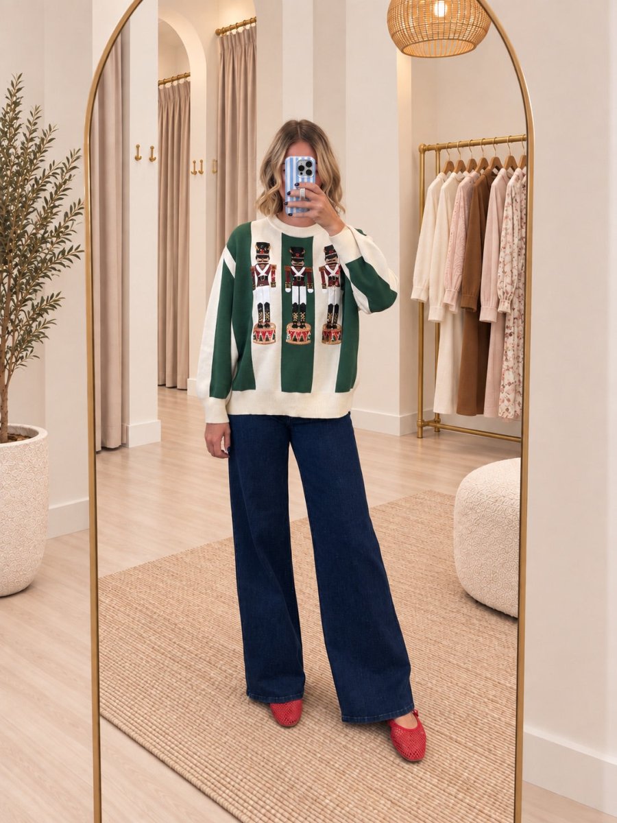 QOS Green & Ivory Striped Nutcracker Sweater