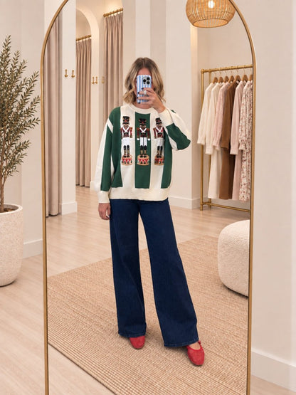 QOS Green & Ivory Striped Nutcracker Sweater