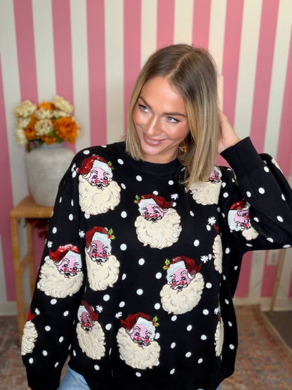 QOS Black & White Polka Dot Scattered Santa Sweater
