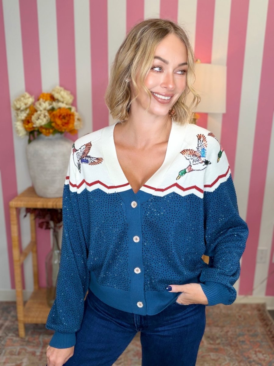 QOS Blue & Ivory Color Block Duck Rhinestone Cardigan