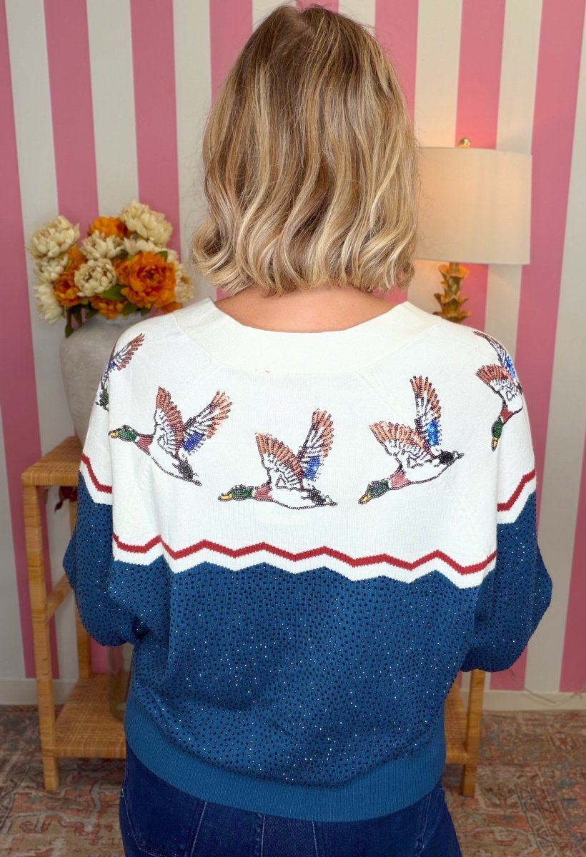 QOS Blue & Ivory Color Block Duck Rhinestone Cardigan