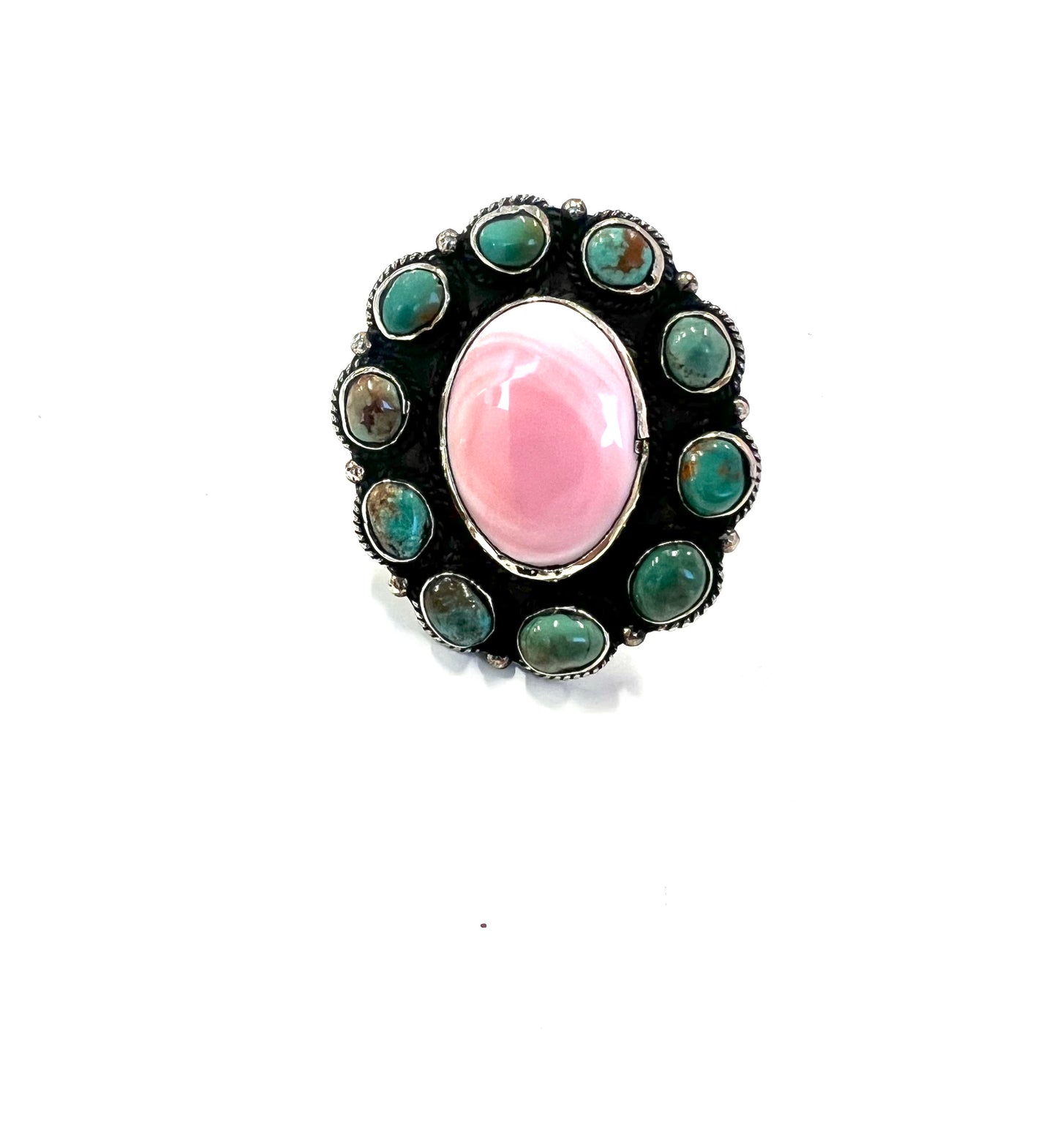 German Silver Turquoise Pink Oval Ring