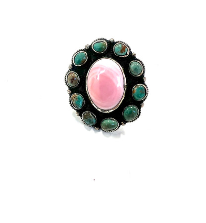 German Silver Turquoise Pink Oval Ring