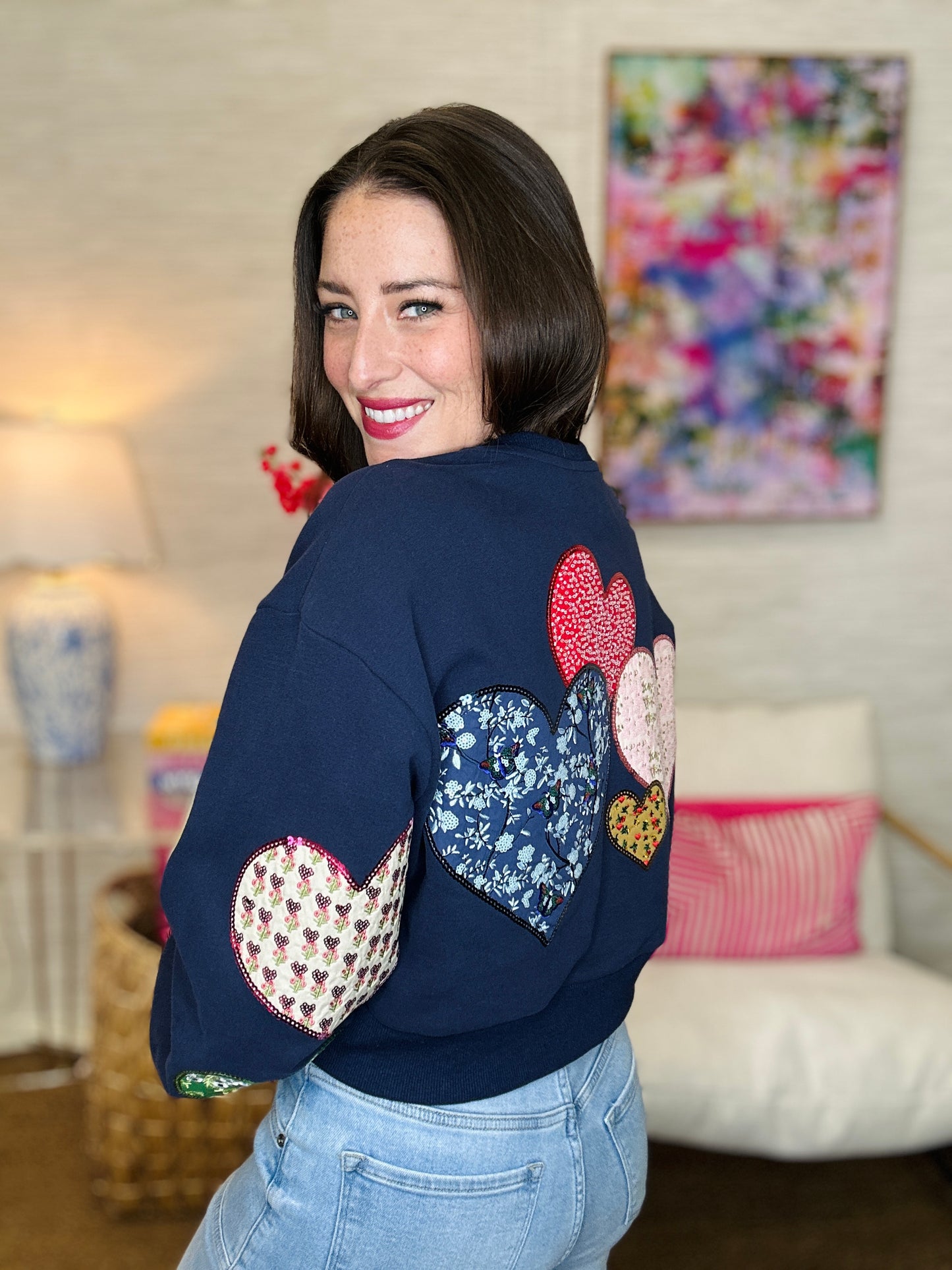 QOS Navy Multi Embroidered Hearts Sweatshirt