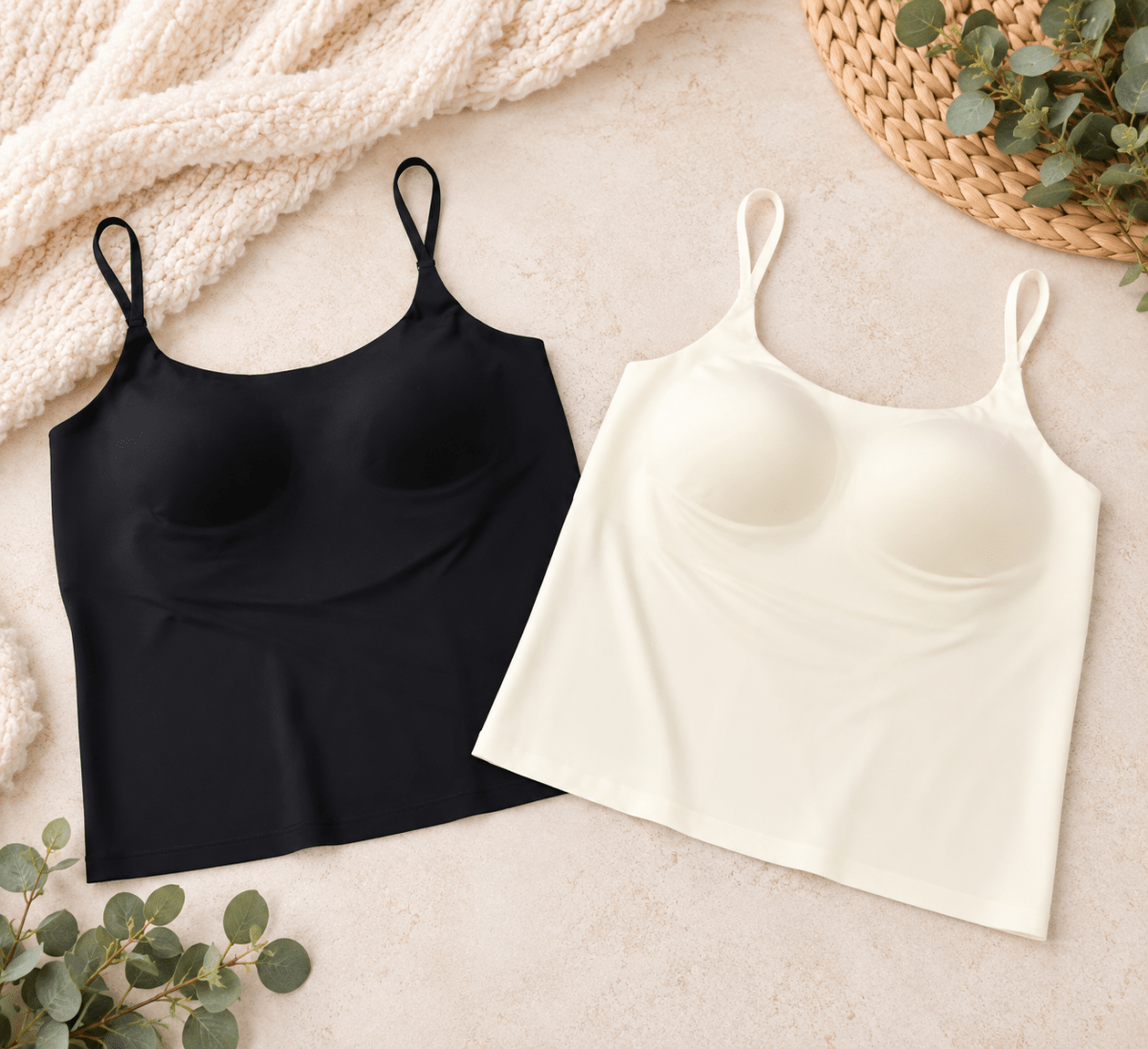 Two camisole-style underwire bras laid flat on a light beige surface, one in black and one in warm off-white/cream, with a knit blanket, woven tray, and greenery as styling props.