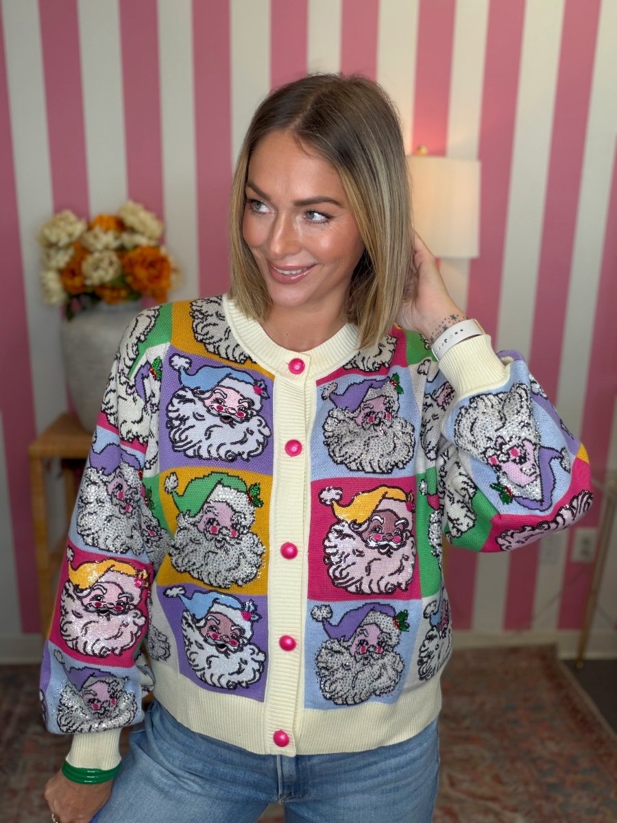 QOS Pastel Colorblock Santa Button Up Cardigan